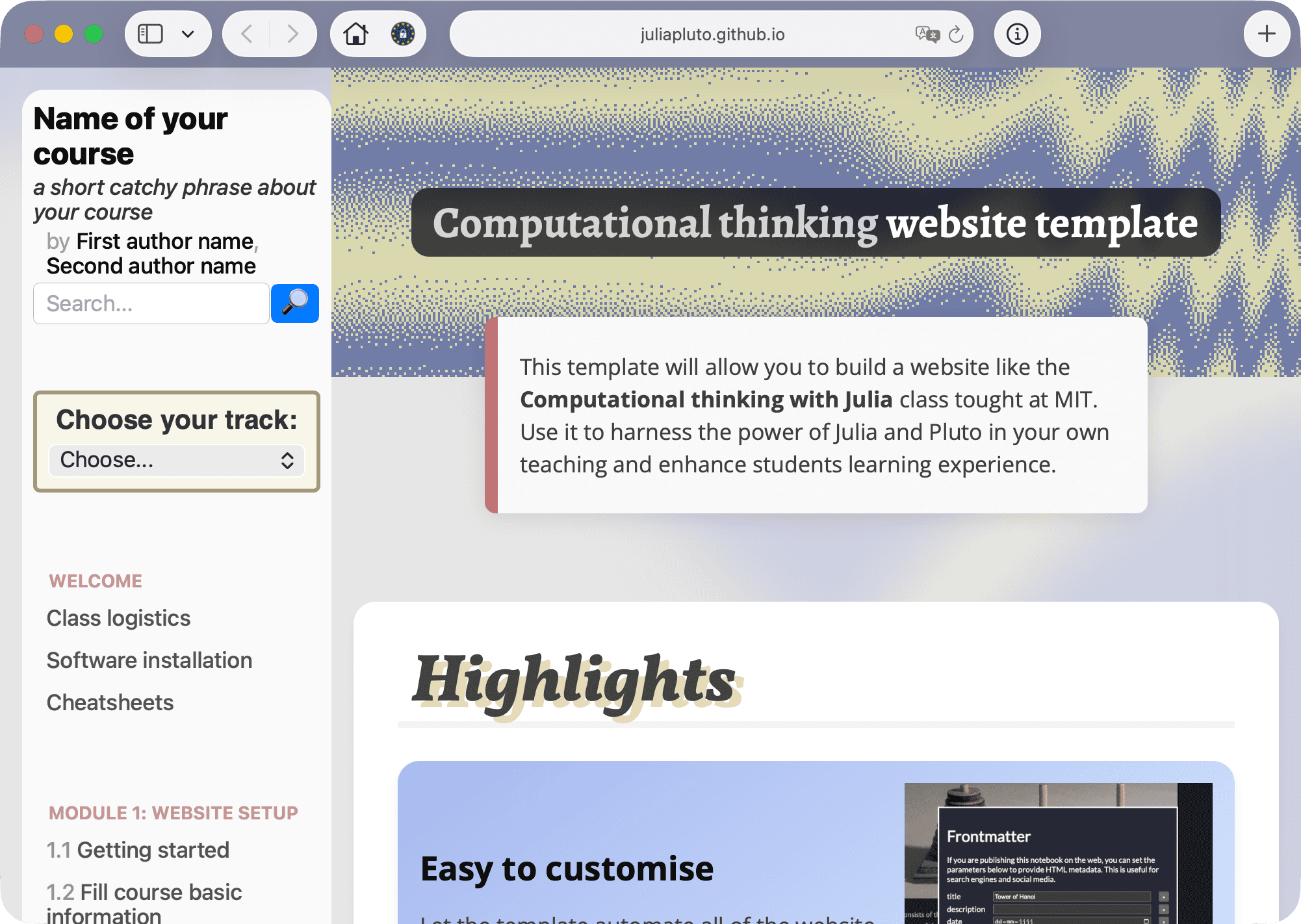 screenshot of the default website generated by the computation thinking template